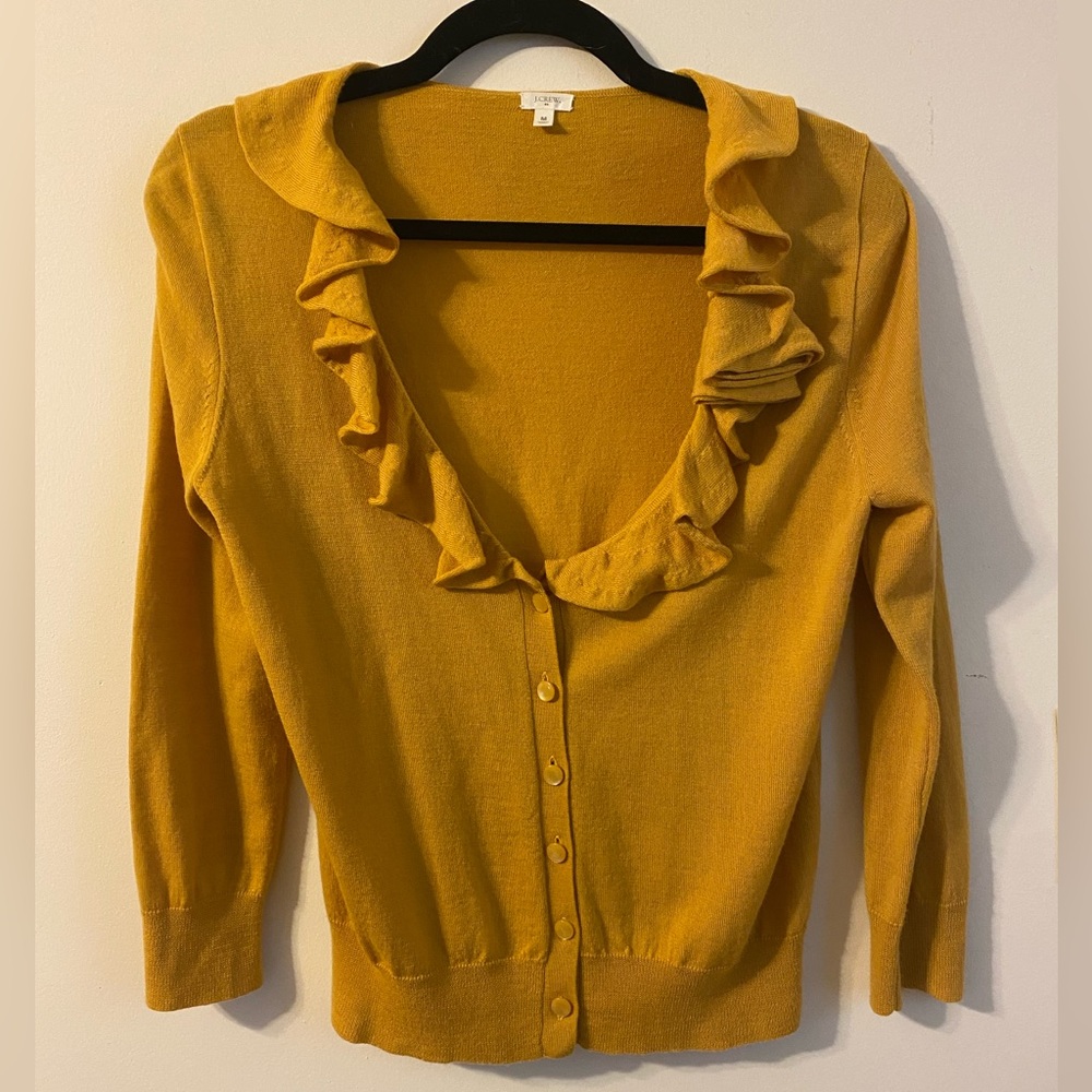 J.CREW Mustard Yellow Ruffle Neck Cardigan size Medium